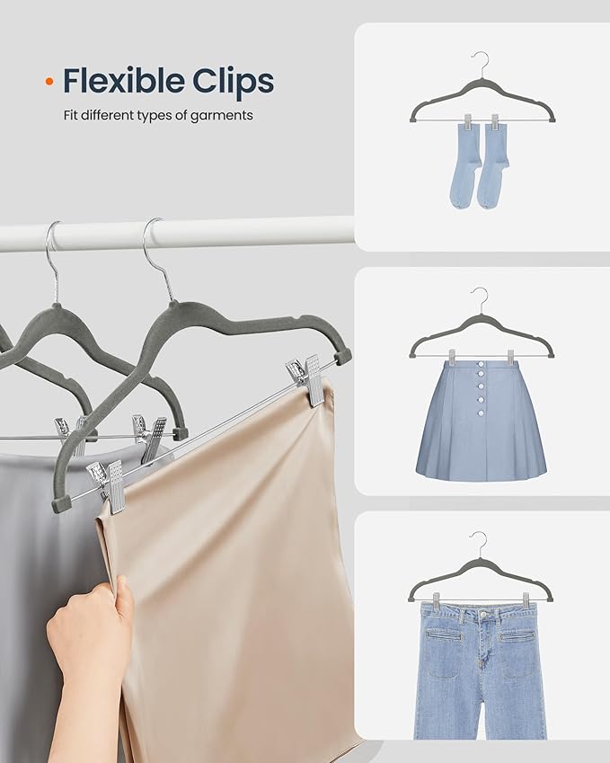 SONGMICS HOME Velvet Pants Hangers with Adjustable Clips, Non-Slip Space-Saving Clothes Hangers, 30 Pack, Shoulder Notches for Skirts, Gray
