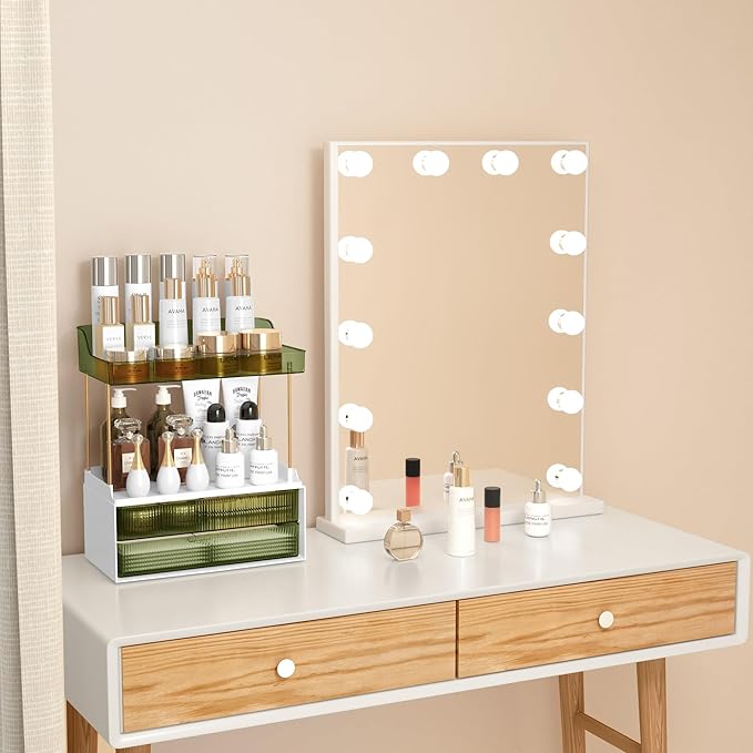 Bathroom Countertop Organizer with 2-Drawer, 3 Tier Makeup Organizer for Vanity, Large Multi-Purpose Makeup Skin Care Organizer for Vanity, Dark Green