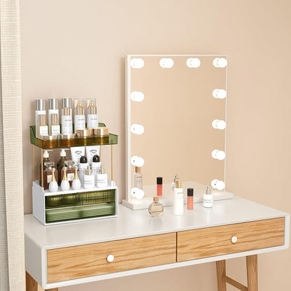 Bathroom Countertop Organizer with 2-Drawer, 3 Tier Makeup Organizer for Vanity, Large Multi-Purpose Makeup Skin Care Organizer for Vanity, Dark Green