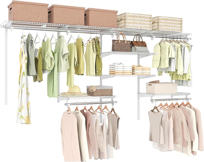 Tangkula 4 to 8 FT Custom Closet System, Wall Mounted Closet with Hanging Rod, Metal Hanging Storage Organizer Rack Wardrobe with Shelves, Adjustable Closet System Kit for Bedroom (White)