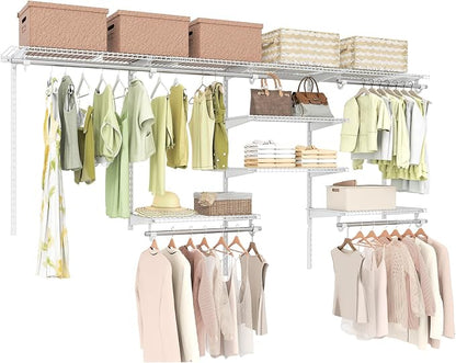 Tangkula 4 to 8 FT Custom Closet System, Wall Mounted Closet with Hanging Rod, Metal Hanging Storage Organizer Rack Wardrobe with Shelves, Adjustable Closet System Kit for Bedroom (White)
