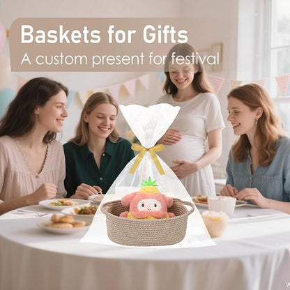 JMvicyroam Woven Basket,Small Rope Storage Bin with Handles & Ribbon Bag, Organizer for Shelves Closets,Gift Basket Empty for Birthday,Books,Dog Toys,Oatmeal/2 Pack