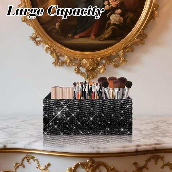 Bling Makeup Brush Holder Organizer, 3 Slot Sparkle Cosmetics Brushes Storage Holders with Shiny Rhinestones, Glitter Cute Pen and Pencil Holder for Desk, Eyeliners Display Case for Vanity（Black）