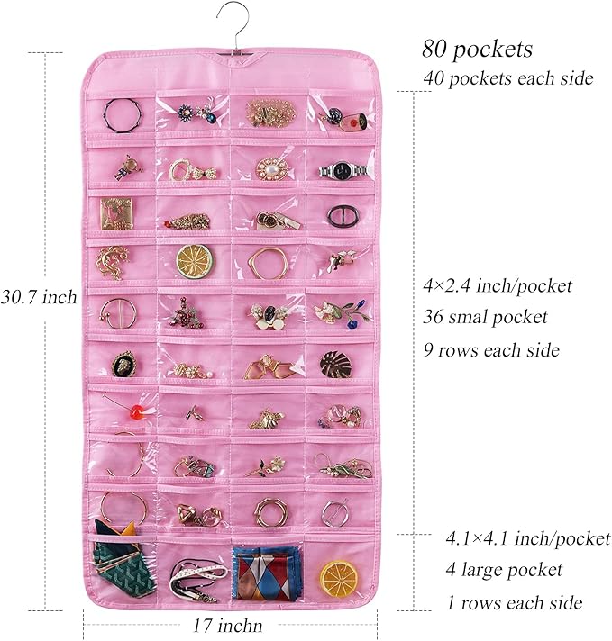 Bloss Hanging Jewelry Organizer, Earring Organizer, Valentine's Day Gift, Double Sided 80 Pocket Jewelry Chain Storage Bag, Jewelry Holder for Necklace Bracelet Earring Ring Chain