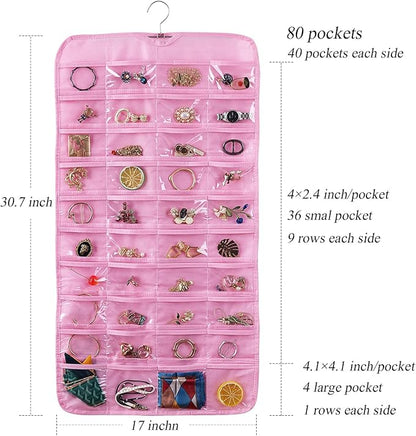 Bloss Hanging Jewelry Organizer, Earring Organizer, Valentine's Day Gift, Double Sided 80 Pocket Jewelry Chain Storage Bag, Jewelry Holder for Necklace Bracelet Earring Ring Chain