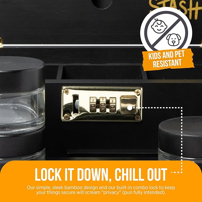 HASHSTASH The OG Storage Box - Large Bamboo Box with Combination Lock, Magnetic Lid, Organizer Tray, Airtight Tube and 3 Jars - Discreet Decorative Locking Wooden Box with Accessories (Black/Gold)
