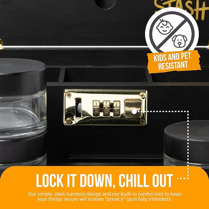 HASHSTASH The OG Storage Box - Large Bamboo Box with Combination Lock, Magnetic Lid, Organizer Tray, Airtight Tube and 3 Jars - Discreet Decorative Locking Wooden Box with Accessories (Black/Gold)