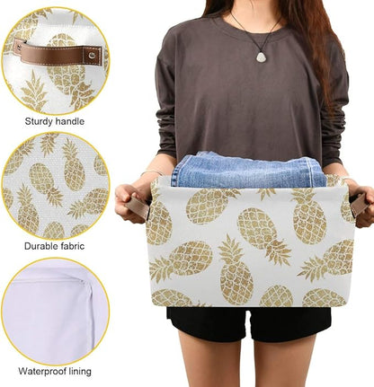 Large Storage Basket Bin Pineapple Pattern Storage Cube Box Foldable Canvas Fabric Collapsible Organizer with Handles for Home Office Closet