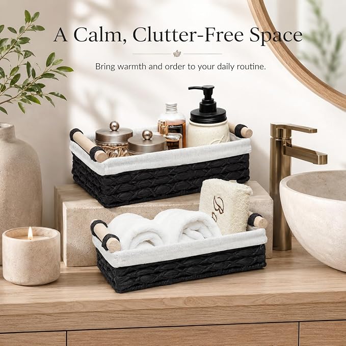 Black Wicker Bathroom Baskets Set of 2 with Linen Liner & Wooden Handles – Black Paper Rope Storage Baskets for Shelves, Bathroom Counter & Modern Décor