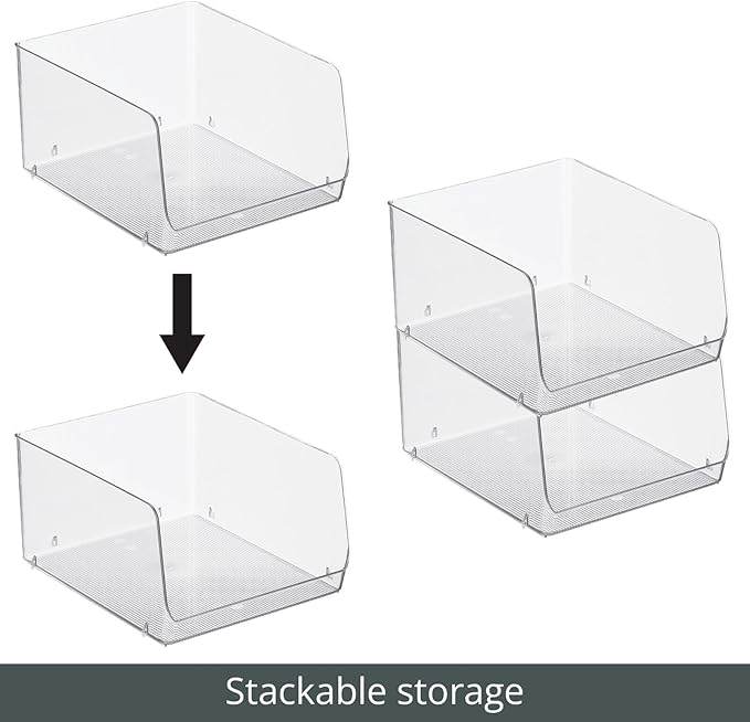 mDesign Wide Stackable Plastic Food Storage Organizer Bin Basket with Open Front for Household Kitchen Cabinets, Pantry, Offices, Closets, Bedrooms, Bathrooms - 10.2" Wide, 2 Pack - Clear