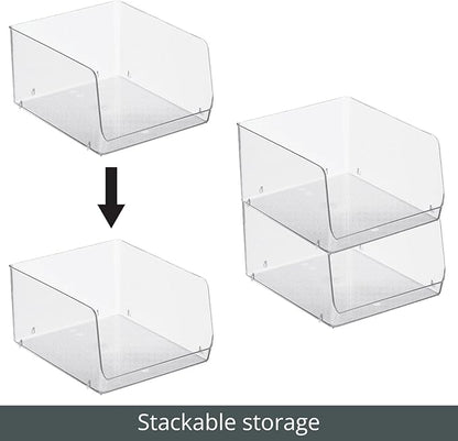 mDesign Wide Stackable Plastic Food Storage Organizer Bin Basket with Open Front for Household Kitchen Cabinets, Pantry, Offices, Closets, Bedrooms, Bathrooms - 10.2" Wide, 2 Pack - Clear