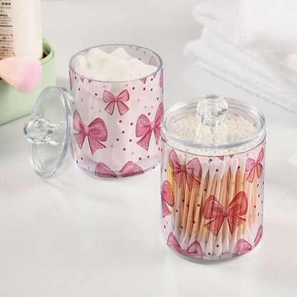 Pink Bows Qtip Holder with Lid,2Pack Clear Plastic Apothecary Jars Bathroom Storage Containers for Cotton Swab,Cotton Ball,Floss Picks,Tea,Coffee
