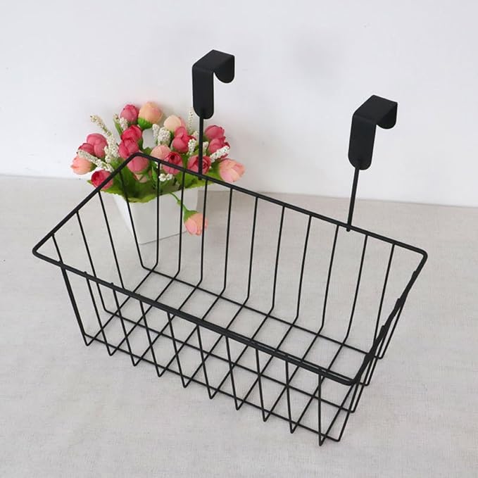 Over Cabinet Door Organizer Basket Grid Storage Baskets with Hooks Decorations Iron Metal Hanging Basket for, Black