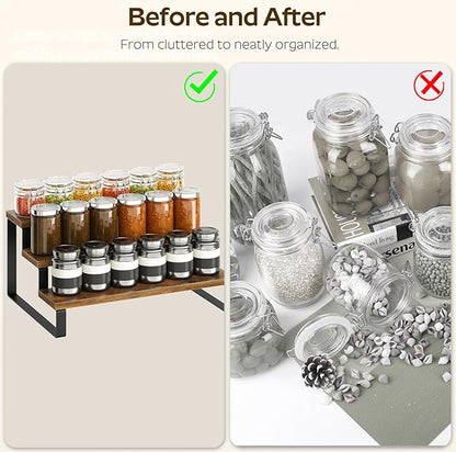 YATINEY Spice Rack, 3 Tier Wooden Display Riser Stand, Kitchen Storage Organizer for Spices, Versatile Display Shelf, Space Saving, for Kitchen Countertop and Cabinet, Rustic Brown SR03L2BR
