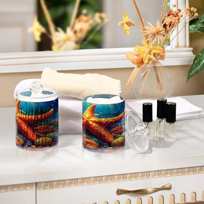 ALAZA 2pcs Orange Starfish Seashell Ocean Qtip Holder Dispenser 14 oz Bathroom Storage Clear Apothecary Jars Containers Cotton Ball,Cotton Rounds,Floss Picks, Hair Clips, Food
