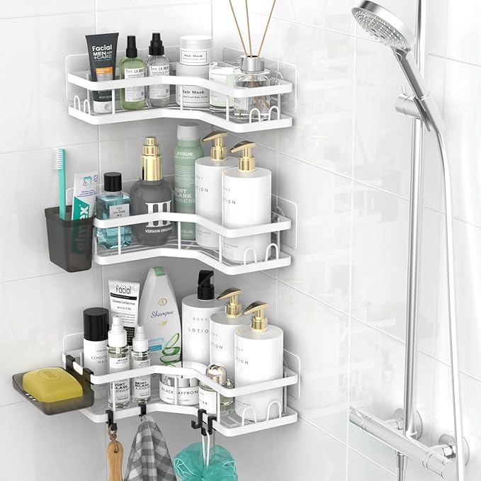 AKTECKE Corner Shower Caddy Bathroom Organizer Adhesive Shower Rack Bathtub Shelves - 3Pack No Drilling Shower Shelf For Inside Shower - Rustproof Bath Tub Organizer Caddy