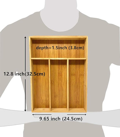 2 Pack Utensil Bamboo Silverware Organizer - 4 Compartments - Bamboo Hardware Jewelry Drawer Holder Kitchen Knives Tray Organizer