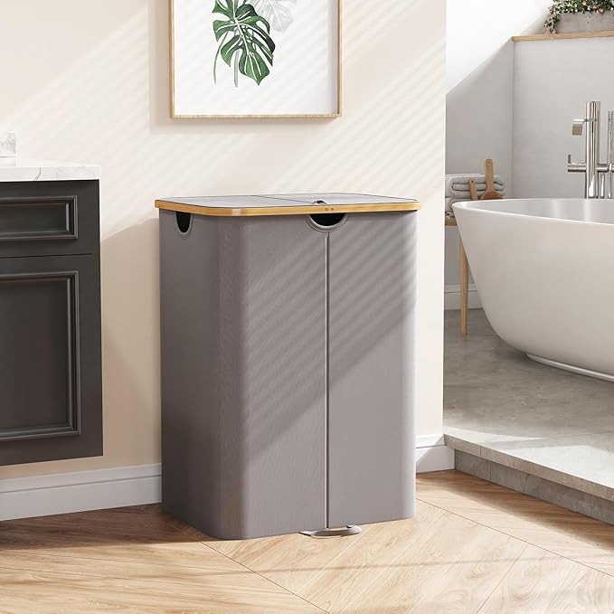 Lifewit 150L Double Laundry Hamper with Lid, Large Laundry Basket with Removable Bag & Bamboo Handles, Fodable Tall Dirty Clothes Hamper for Laundry Collapsible Bin for Bathroom Bedroom, Charcoal Gray