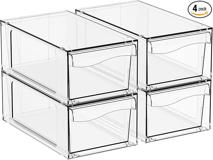 Yieach 4 Pack Clear Stackable Storage Drawers,4.5" Tall Acrylic Makeup Organizer Drawers and Medicine Cabinet Organizers,Pull Out Plastic Bathroom Closet Organizer for Hair Clip,Baby Bottle,Pacifier