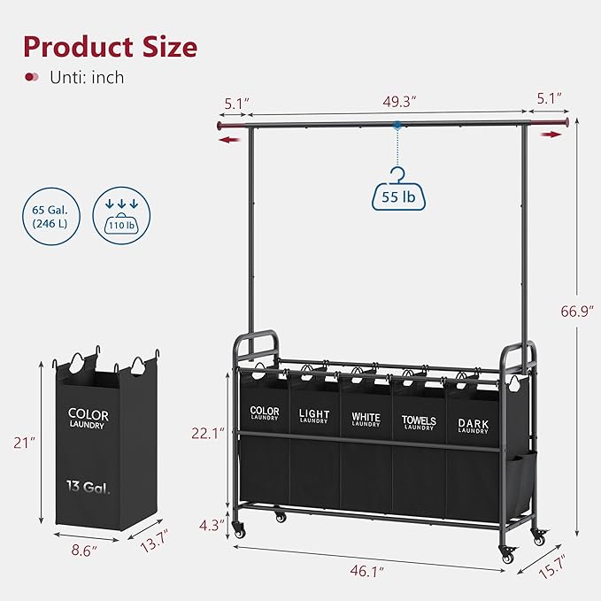 Tajsoon Laundry Sorter with Hanging Rack, 5 Sections Laundry Sorter with Lockable Wheels and Removable Bag, Removable Basket Organizer for Bedroom, Bathroom, Black