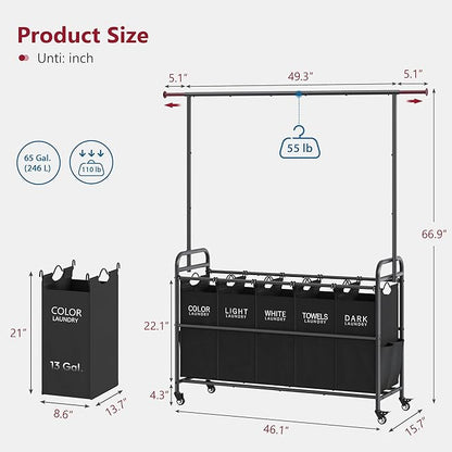 Tajsoon Laundry Sorter with Hanging Rack, 5 Sections Laundry Sorter with Lockable Wheels and Removable Bag, Removable Basket Organizer for Bedroom, Bathroom, Black