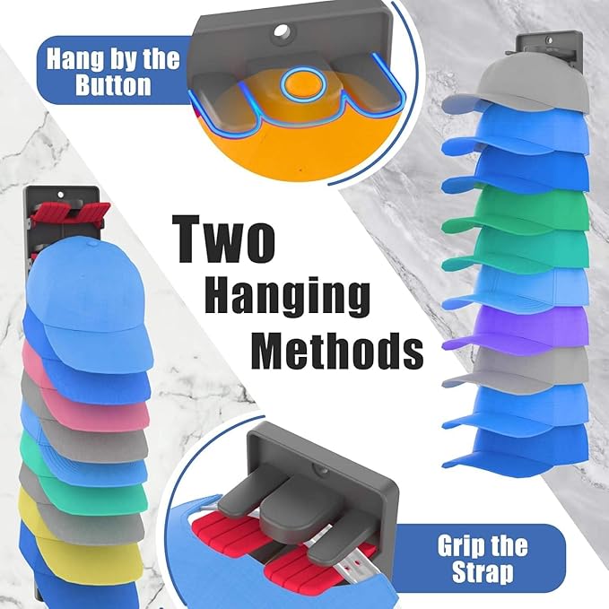 Baseball cap storage box set of 2 - Wall-mounted hat rack, a design suitable for wall-mounted hat racks, saves space and features a built-in spring clip hat hanging storage device (colours)