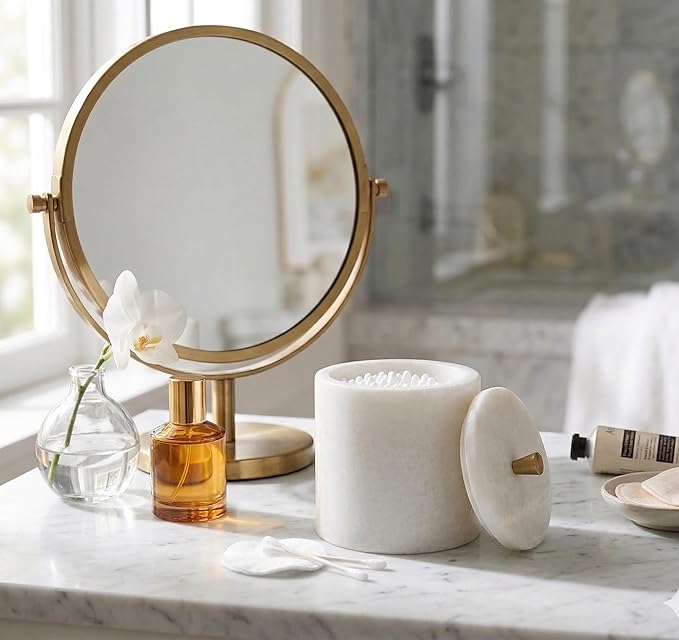 Real White Marble Qtip Holder with Lid and Copper Knob – Round Cotton Swab Container for Bathroom Vanity – Natural Stone Organizer with Rubber Feet – 4.3" Dia x 5.3" H (11 x 13.5 cm), 3.3 lbs