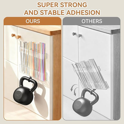9.5 Inch Cabinet Door Acrylic Straw Holder with Double-Sided Tape, Kitchen Countertop Cabinet Storage Box for Organizing Straws (Transparent)