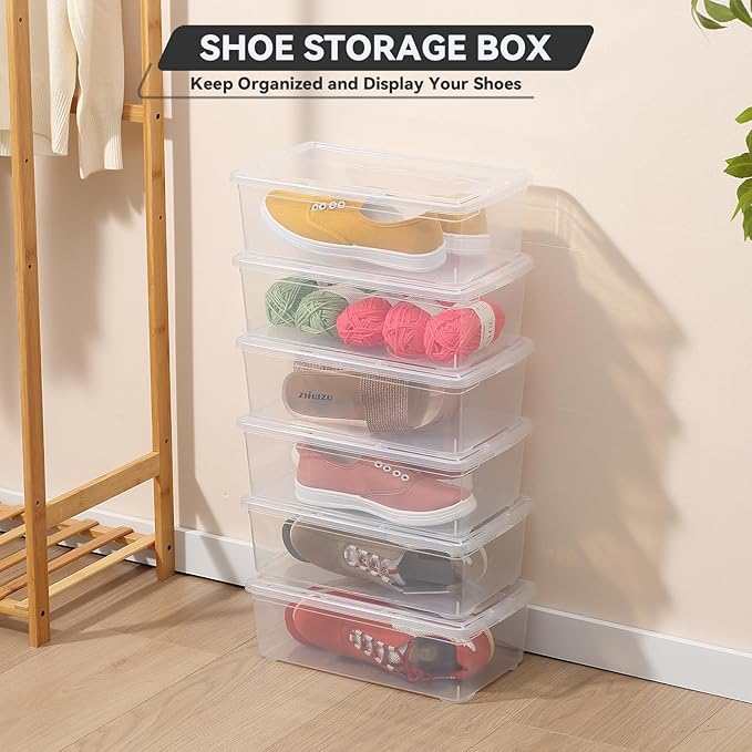 novelinks 8 Pack 6 Quart Clear Plastic Storage Bins with Lids, Stackable Shoe Boxes Plastic Storage Container, Organizer Bins for Shoes Organization (Clear)
