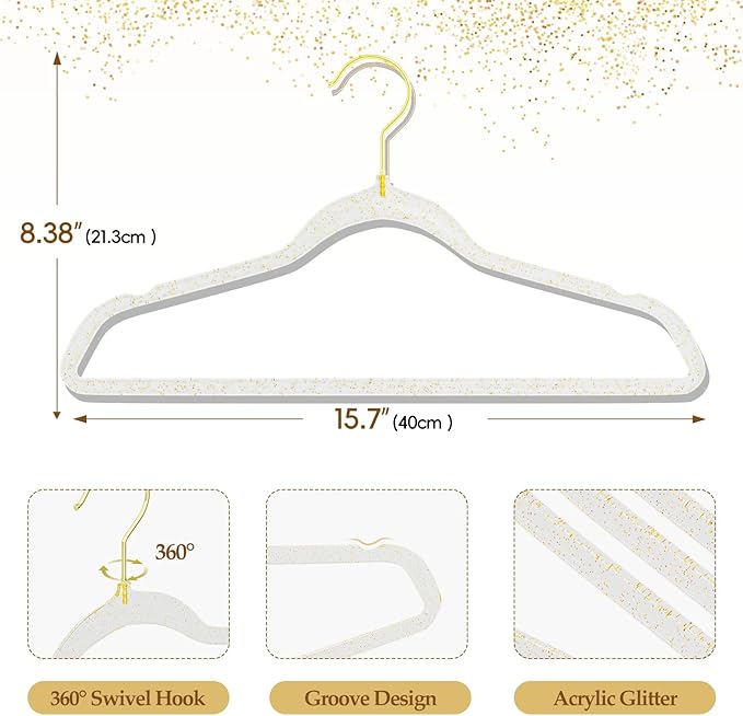 50 Pack Clear Plastic Hangers with Gold Glitter, Acrylic, Ultra Slim, Space Saving, for Coats, Pants, Suits, Shirts, Skirts, Dress Clothes