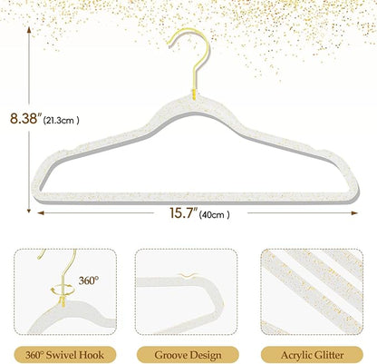 50 Pack Clear Plastic Hangers with Gold Glitter, Acrylic, Ultra Slim, Space Saving, for Coats, Pants, Suits, Shirts, Skirts, Dress Clothes