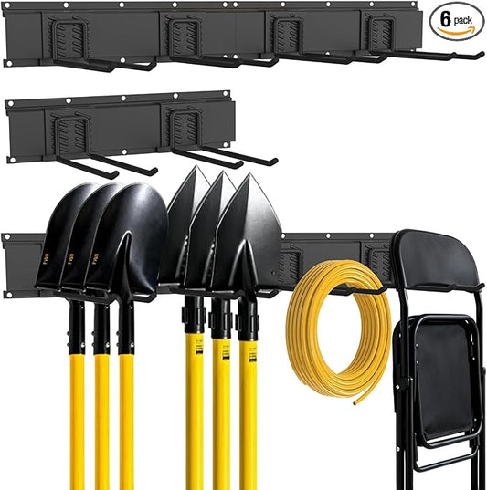Garage Tool Organizer Wall Mount, Easy to 48inch Install Heavy-Duty Garage Storage System with 6 Adjustable Straight Hooks, Garden Tool Rack for Shovels, Rakes, Yard Tools