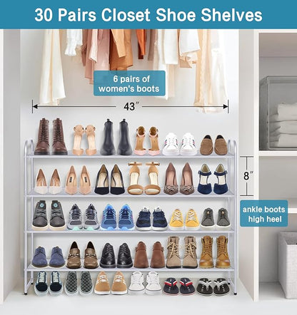 KIMBORA Long Shoe Rack for Closet, 30 Pairs Stackable Shoe Storage Organizer Wide 4 Tier Sneaker Shelf for Bedroom Floor (Grey)