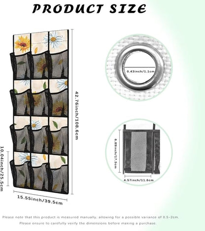 Sunflower Daisy Design Over The Door Shoe Organizer,12 Mesh Pockets Hanging Storage Shoe Rack,Hanger Storage Organizer for Closet,Classroom Headphone Storage,Over Door Organizer