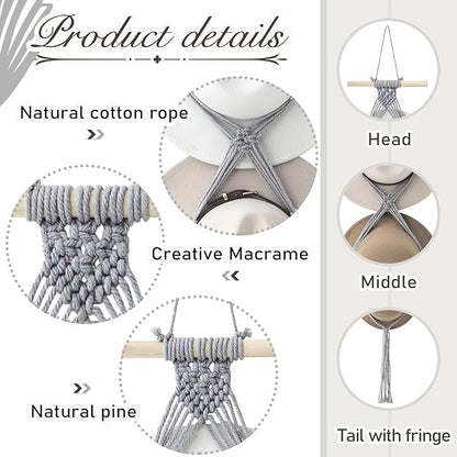 Yulejo Macrame Hat Hangers Racks Boho Cowboy Hats Holders Western Display Organizer Storage decor Back of Door for Wall(Gray,Five Hats Style)