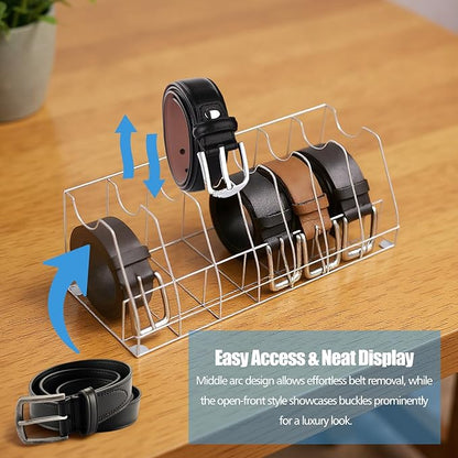 Belt Organizer – 7 Compartment Acrylic Storage Case with Anti-Slip Pads, Clear Display Holder for Belts, Ties & Accessories