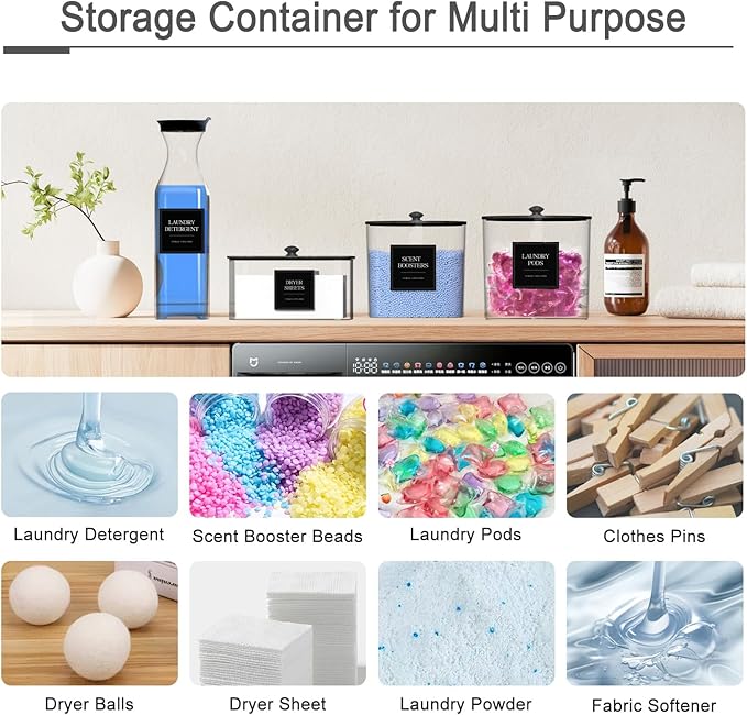 3+1 Pack Laundry Pods Containers & Dryer Sheet Holder & Laundry Detergent Dispenser, Laundry Room Organization and Storage Jars with Lids, Labels and Scoops for Scent Booster Powder Pods, Black Lid