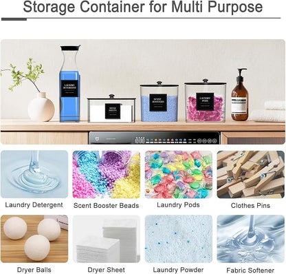 3+1 Pack Laundry Pods Containers & Dryer Sheet Holder & Laundry Detergent Dispenser, Laundry Room Organization and Storage Jars with Lids, Labels and Scoops for Scent Booster Powder Pods, Black Lid