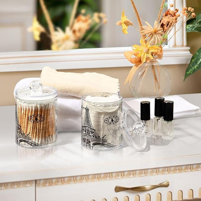 Apothecary Jars Bathroom Storage Organizer with Lid - 14 oz Qtip Holder Storage Canister, Paris Eiffel Tower Clear Plastic Jar for Cotton Swab, Cotton Ball, Floss Picks, Makeup Sponges,Hair Cl