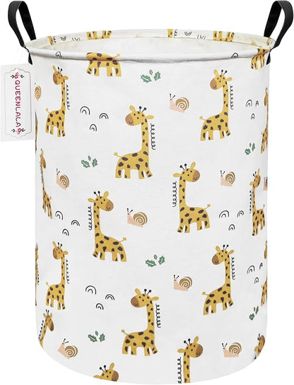 QUEENLALA Large Storage Basket,Laundry Hamper/Bathroom/Home Decor/Collapsible Round Storage Bin,Boys and Girls Hamper/Boxes/Clothing(Round-Yellow Giraffe)