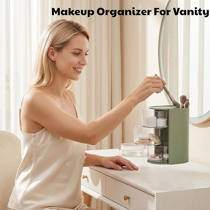 Sage Green Makeup Organizer Countertop for Vanity, Hair Accessories Organizer with Hair Brush Holder, Hair Organizer Storage for Hair Ties, Makeup Pads, Makeup Brushes, Beauty Blender