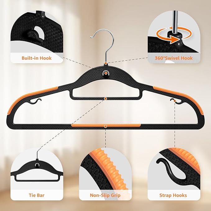 Yolife Cascading Plastic Clothes Hangers 10 Pack with Inner Hook for Vertical Storage, Slim Space Saving Hangers with Non-Slip Pads, 360° Swivel Metal Hook, Versatile, Black & Orange