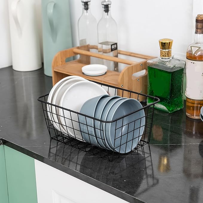 JUNCHU CHERRY Wire Kitchen Storage Basket 5 Packs,Perfect Pantry Organization Accessories Basket,Laundry,Countertop Organization,Suitable for Kitchen,Bathroom,Bedroom,Tabletop,Stackable,Black