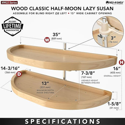 Rev-A-Shelf 35" Dual Shelf Half Moon Lazy Susan Organizer for Diagonal Blind Corner Kitchen Cabinets, Pullout Turntable Trays, Wood, 4WLS882-35-570