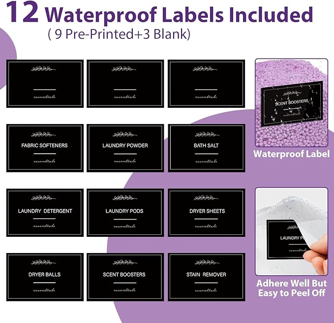 COAZEX 2 Pack Clear Laundry Pods Container, Plastic Square Laundry Room Organization and Storage Jars with Black Lids, Scoops & Labels for Detergent, Powder, Dryer Balls