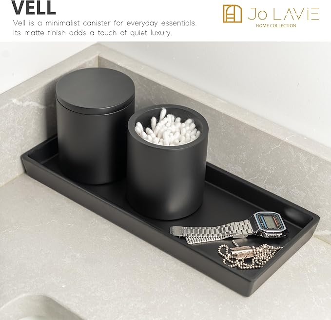 Cotton Swab Holder Bathroom Organizer – Bathroom Canisters with Lids Cotton Pad Holder for Countertop, Vanity – Luxury Apothecary Jars with Lids Hold Swabs, Makeup Pads (Black)
