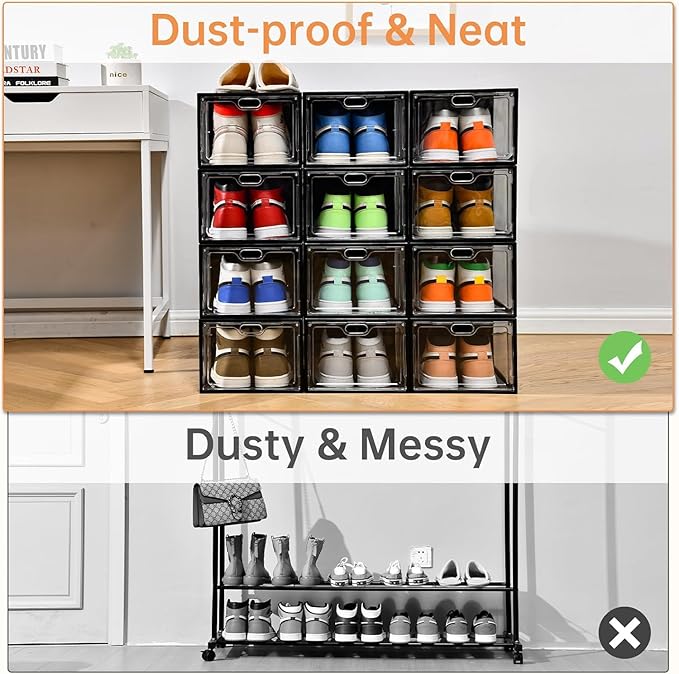 INSTY 12 Pack Large Shoe Storage Box, Clear Shoe Storage Organizer with Magnetic Door, Stackable,Shoe Containers For Display Sneakers, Easy Assembly, Fit up to US Size 12, Transparent