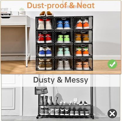 INSTY 12 Pack Large Shoe Storage Box, Clear Shoe Storage Organizer with Magnetic Door, Stackable,Shoe Containers For Display Sneakers, Easy Assembly, Fit up to US Size 12, Transparent