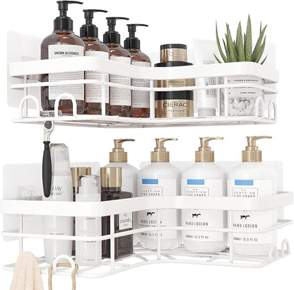 Sakugi Corner Shower Caddy - 2 Pack, Adhesive Shower Organizers, Rustproof Stainless Steel Shower Shelves with 8 Hooks, No Drilling Bathroom Organizers and Storage Racks, Space-Saving, White, X-Large
