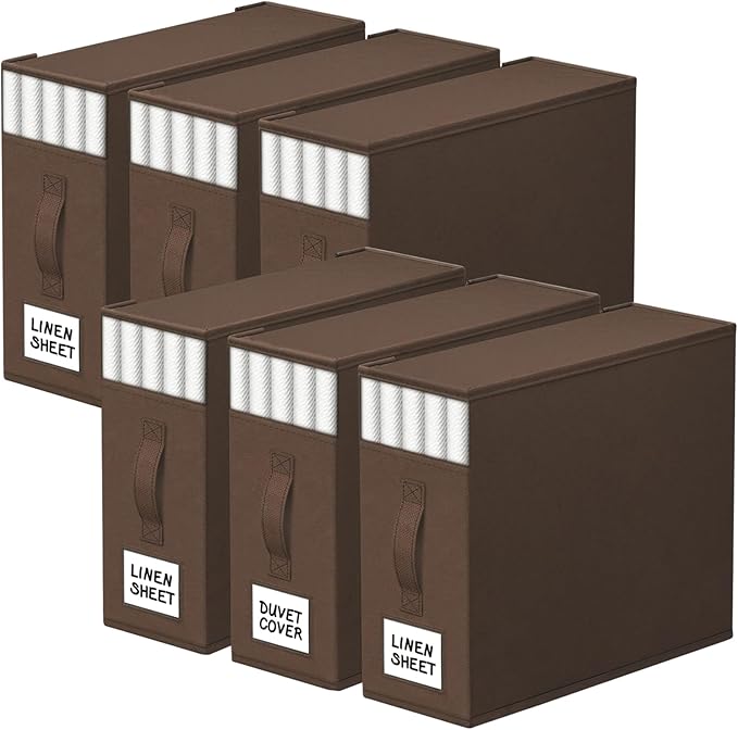 StorageTastic 6 Pack Bed Sheet Closet Organizers and Storage,Sturdy Foldable Storage Containers with Window and Label,Storage and Organization for Bedding Sheets,Duvet Covers,Blankets (Brown)